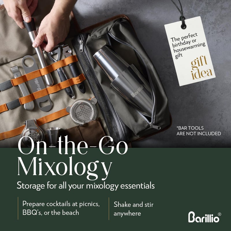 Barillio Bartender Bag (Without Tools) - Stylish, Waxed Canvas, Roll Up Traveling Bar Bag for Carrying Bar Tools and Cocktail Shaker Set with Shoulder Strap - Portable Travel Bartending Roll - Image 3